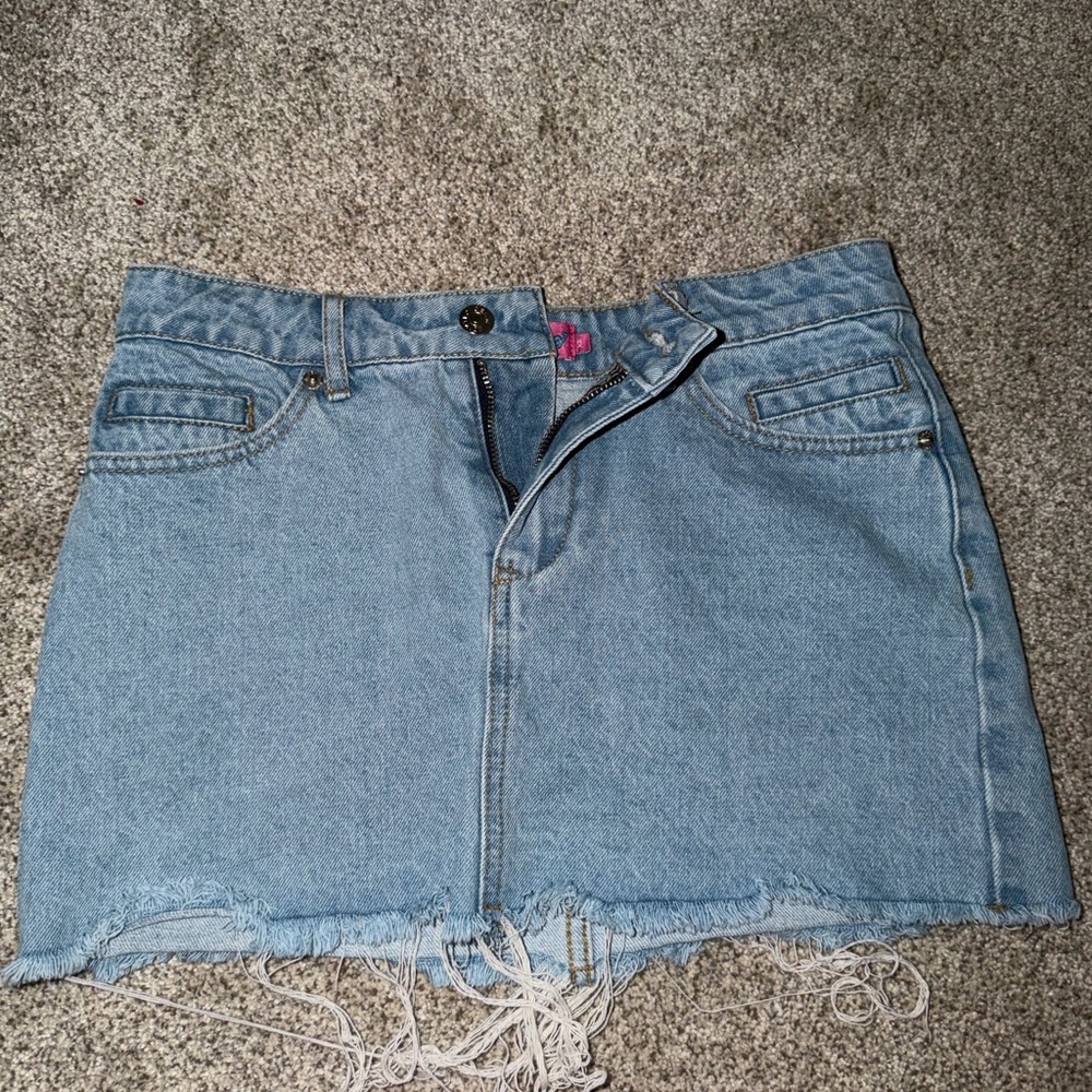 Edikted Light Blue Denim Mini Skirt with Frayed Hem